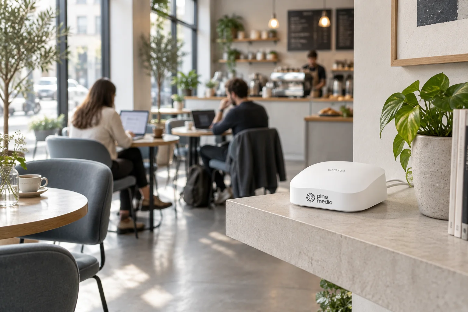 Illustrative café scene with a Pine-branded eero on an open shelf and customers using laptops
