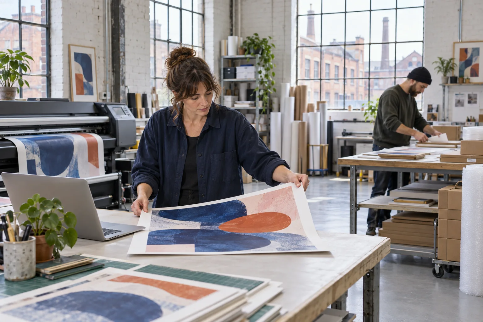 Illustrative independent print studio with a designer checking artwork beside a laptop and a colleague preparing orders
