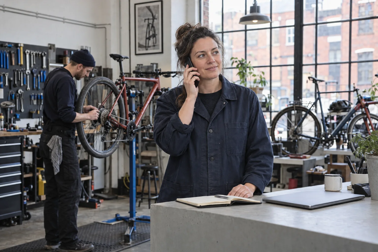 Illustrative cycle workshop scene: owner taking a customer call while a colleague repairs a bicycle