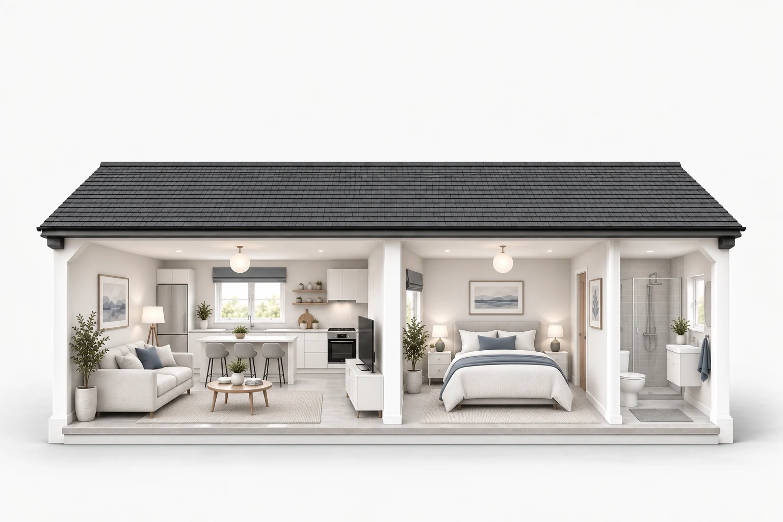 Single-storey home with one bedroom, a living room and kitchen, and a bathroom.