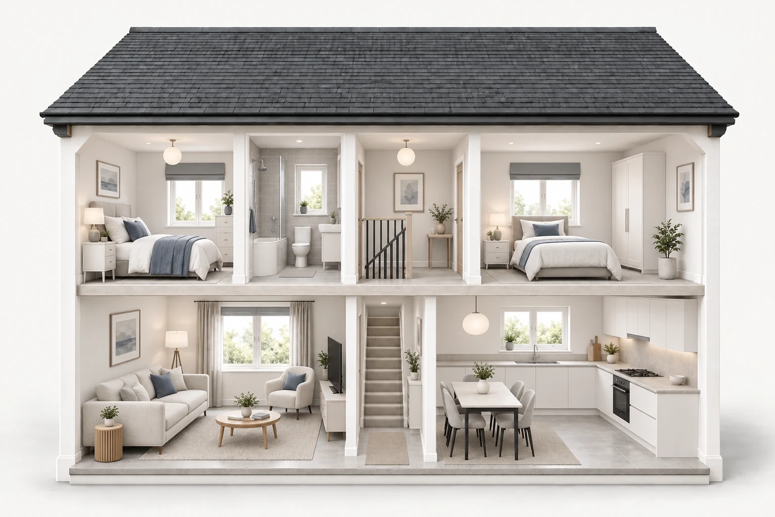 Two-storey home with two bedrooms and a bathroom upstairs, with central stairs, a living room and kitchen downstairs.