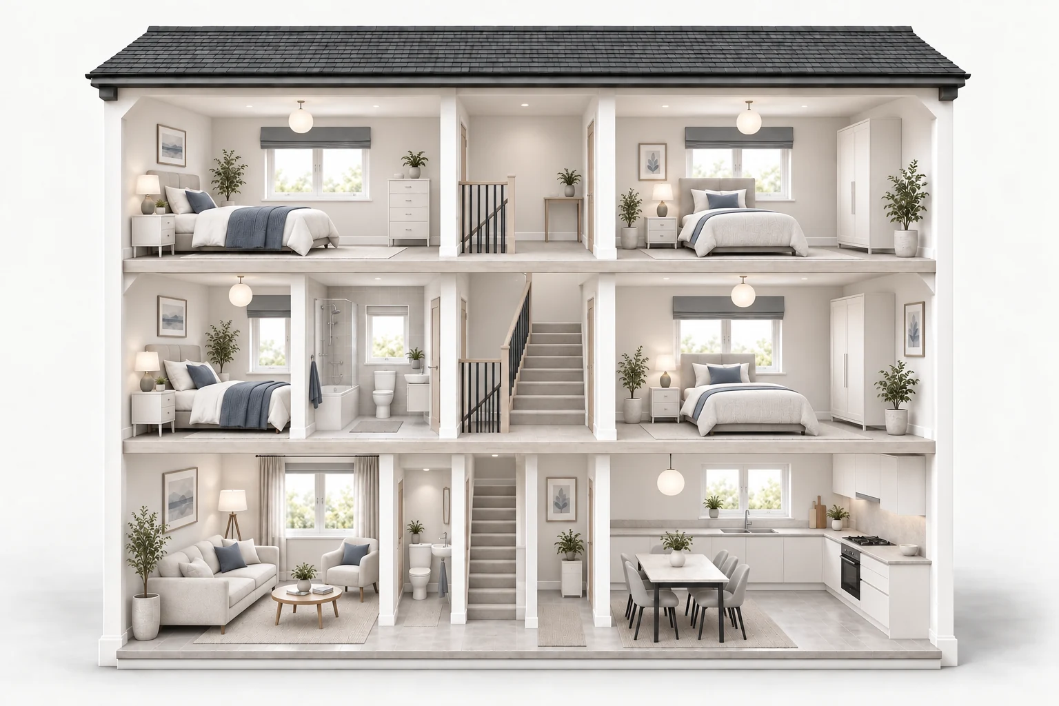 Three-storey home with four bedrooms and a family bathroom on the upper two floors, with central stairs, a living room, kitchen and separate WC downstairs.