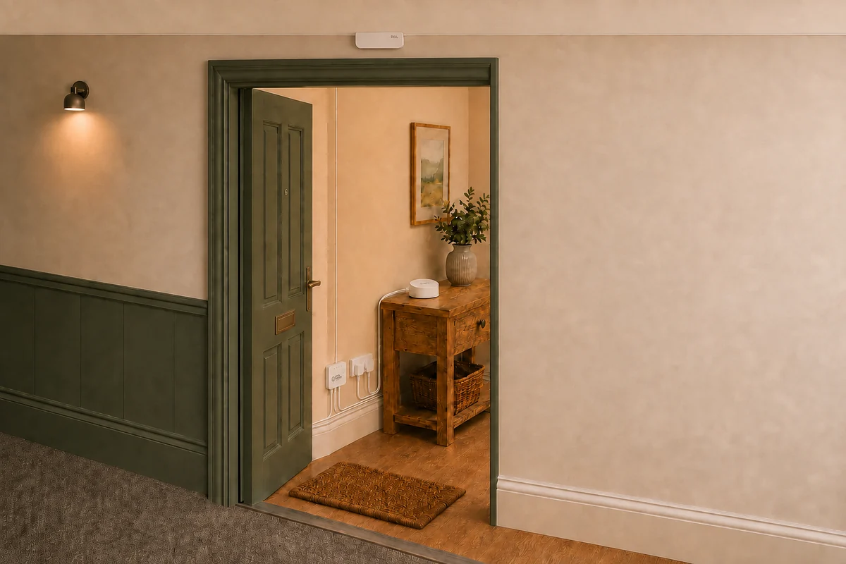 View from the shared corridor through an open flat door: fibre continues left and right of the small above-door box; inside, thin fibre drops to a square ONT near power, with white Ethernet leading to the eero