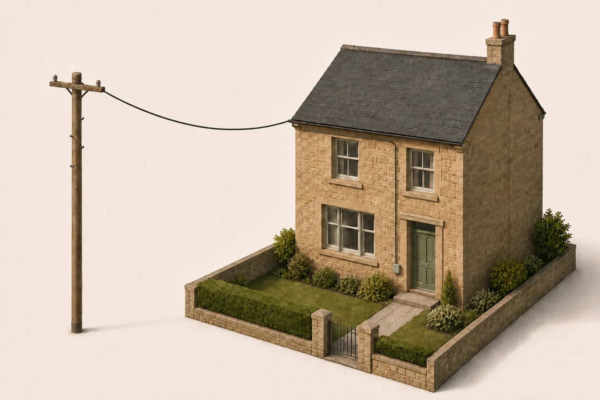 Illustrated sandstone house with fibre running from a telegraph pole to the outside wall and a small connection box beside the door