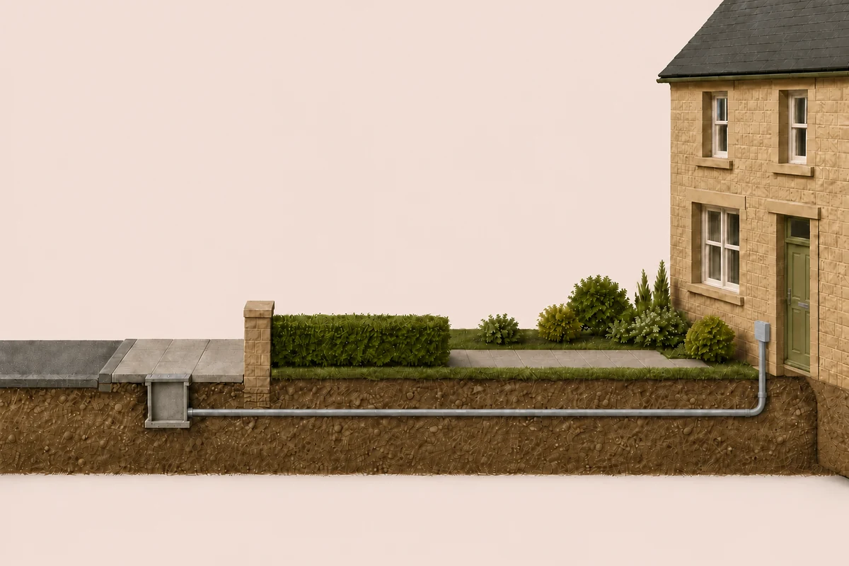 Cutaway showing a chamber in the public pavement and a duct continuing under the garden to the building wall, with capping and a small fibre box above